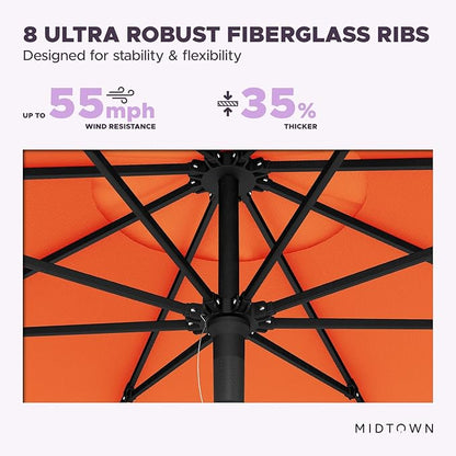 Midtown Umbrellas Push and Pop 9 Feet Outdoor Umbrella, Bright Orange Polyester Fabric - Fiberglass Ribs Deck Patio Umbrella, Backyard Umbrella, Garden Umbrella & Pool Umbrella - Black Pole