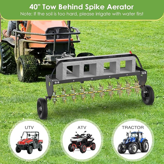 Seeutek 40 Inch Tow Behind Spike Aerator - Heavy Duty Rolling Lawn Aerator with 3D Steel Tines & Weight Tray, Extra-Wide Tow Bar Soil Penetrator Spikes Tractor with Folding Shovel for Lawn Garden Farm