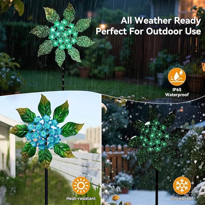Solar Glow Garden Wind Spinner Outdoor, 13" W Flower Metal Wind Spinner & Sculptures with Fluorescent Coating, Kinetic Windmill for Yard Lawn Patio Decor, Blue
