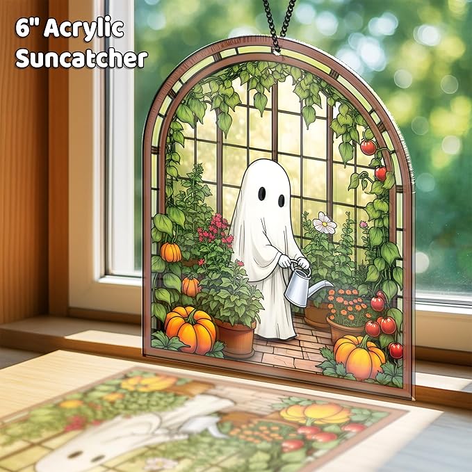 2 Cute Halloween Suncatcher Decorations, Spooky Cute Ghost Plant Window Hangings, Ghost with Black Cat Greenhouse, Pumpkin Ornaments Home Garden, Gifts for Plant Lovers, Women