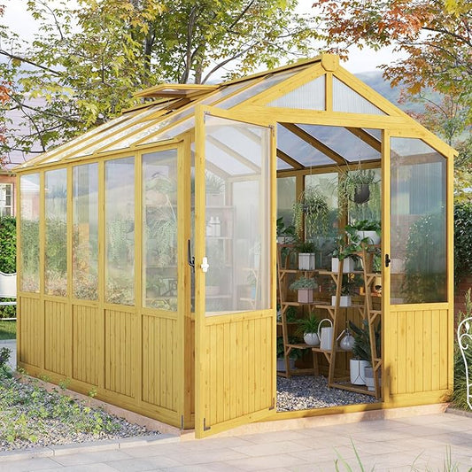 Jocisland 6x8x6.5 Ft Wooden Greenhouse, Pre-Assembled Solid Cedar Frame, Walk-in Design, Lockable Door, Adjustable Roof Vents, Polycarbonate Panels for Outdoor, Garden, Backyard