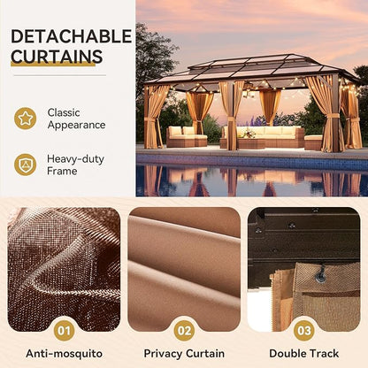 Aoxun Hardtop Gazebo, Aluminum Frame Permanent Pavilion with Netting and Curtains, Outdoor Polycarbonate Double Roof Canopy, Designed for Lawn, Garden, Patio (Brown, 12'x20' with Ground Anchor)