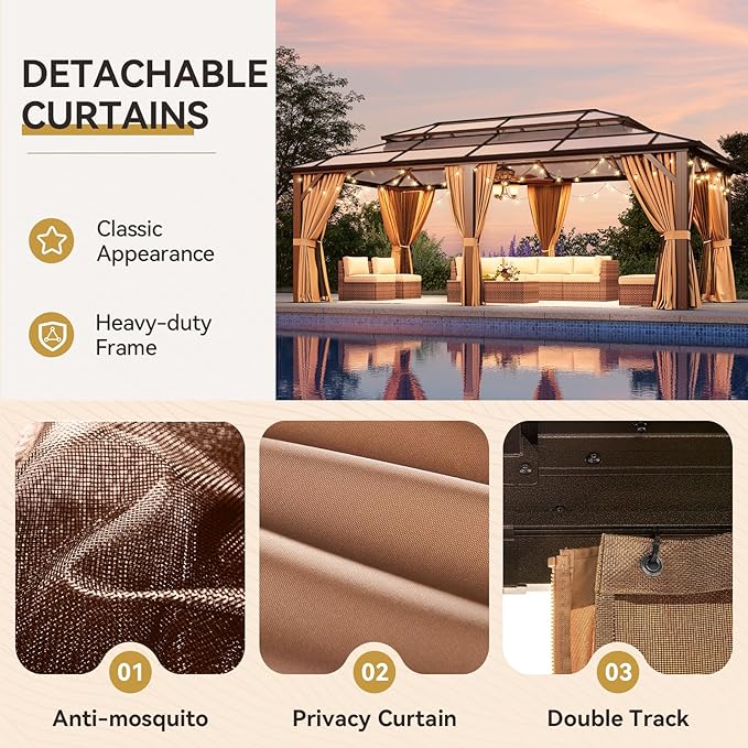 Aoxun 12'x20' Hardtop Gazebo, Aluminum Frame Permanent Pavilion with Netting and Curtains, Outdoor Polycarbonate Double Roof Canopy, Designed for Lawn, Garden, Patio (Brown)