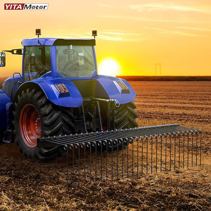 YITAMOTOR 72 Inch Durable Powder Coated Steel Pine Straw Rake Steel Spring Landscape Rake Attaches to Cat 0 Cat 1，3 Point Hitch for Tractor, Black Grey