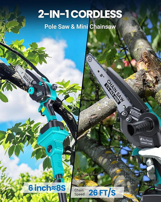 Cordless Pole Saw&8 inch Mini Chainsaw,2-IN-1 Electric Tree Trimmer with 2PCS 2000mAh Rechargeable Batteries,Battery Pole Saws w/Extension Pole for Tree Trimming Wood Cutting,Ideal Gifts for Men Dad
