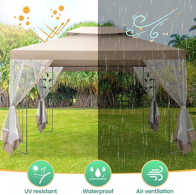 COBIZI 10x13 Gazebo with Improved Cold-Proof Nettings Winter Gazebos on Clearance Heavy Duty Gazebos Double Roof with Metal Frame Gazebo Tent for Patio, Deck (Frame Thickened