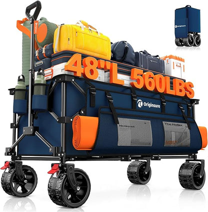 48" L Collapsible Wagon Cart Foldable, 560lbs Weight Capacity 300L Heavy Duty Folding Beach Wagons with Big All-Terrain Wheels, Utility Carts for Groceries, Shopping, Camping, Sports - Blue