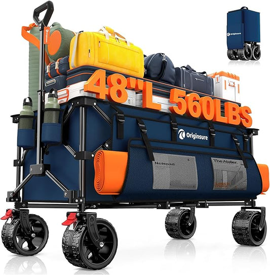 48" L Collapsible Wagon Cart Foldable, 560lbs Weight Capacity 300L Heavy Duty Folding Beach Wagons with Big All-Terrain Wheels, Utility Carts for Groceries, Shopping, Camping, Sports - Blue