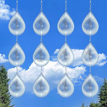 3D Water Drop Pendant Stainless Steel Wind Spinners, Bird Scare Discs with Metal Shiny Highly Reflective Double Sided 360°Rotating, Deterrents to Keep Scare Birds Away from Garden Patio Porches Yard