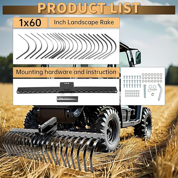 KUAFU 60 Inch Landscape Rake Pine Straw Rake Tractors Rake Fit for 2 Inch Receiver ATV UTV SxS Features 48" or 60" Accessory Tool Bar & 3 Point Hitch System Powder Coated Steel