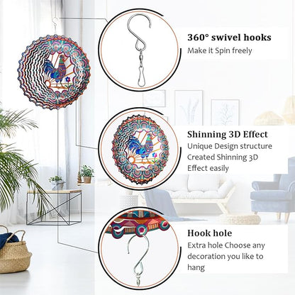Rooster Wind Spinner - 3D Kinetic Chicken Wind Spinners | 12-Inch Rustproof Metal Hanging Sculpture, Outdoor Garden & Patio Decor, Unique Gifts for Dad, Mom, Men, Women