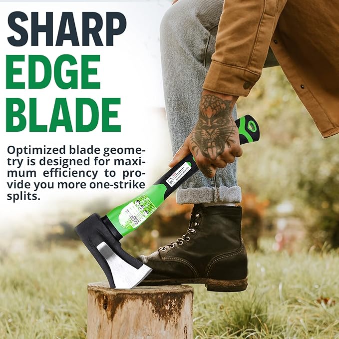 WilFiks Splitting Axe, 15” Camping Hatchet for Chopping and Kindling Wood and Branches, Forged Carbon Steel Hand Maul Tool for Gardening, Fiberglass Shock Reduction Handle with Anti-Slip Grip