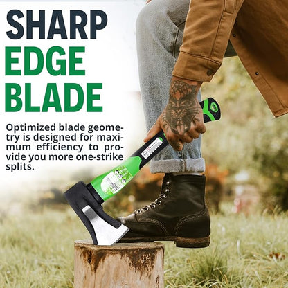 WilFiks Splitting Axe, 15” Camping Hatchet for Chopping and Kindling Wood and Branches, Forged Carbon Steel Hand Maul Tool for Gardening, Fiberglass Shock Reduction Handle with Anti-Slip Grip