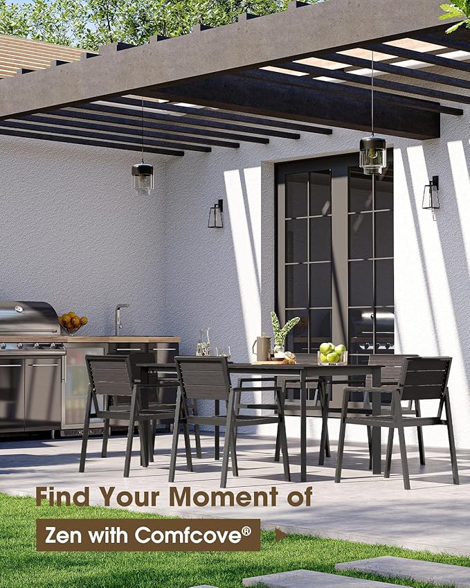 Outdoor Patio Dining Sets, Aluminum 5 Piece HDPE Outdoor Dining Table and Chairs Set with Umbrella Hole, Modern Rectangular Patio Furniture Set with All-Weather Table and 4 Chairs (Charcoal)