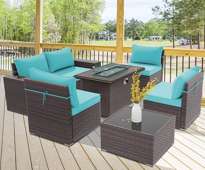 Patio Furniture Set with Propane Fire Pit, 7-Piece Outdoor Sectional Sofa Conversation Set w/ETL Approved 43" Gas Fire Table & Coffee Table - Turquoise