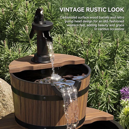 Aoxun 2-Tier Outdoor Water Fountain, Wood Barrel Cascading with Electric Decorative Hand Pump, Rustic Waterfall Fountain for Garden, Backyard, Patio, Porch, Yard