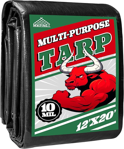 Tarp 12x20 ft Heavy Duty 100% Waterproof 10mil,UV Resistant,Durable Grommets and Reinforced Edges Green/Black Tarp for Camping, Swimming Pools,Car Coverage -by MVPNET