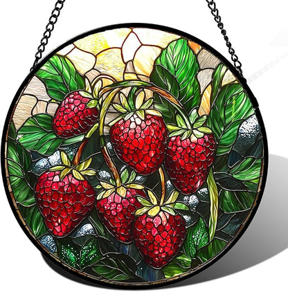 Stained Glass Suncatcher, Red Strawberry Green Leaf Sun Catcher Silver Background Stain Glass Window Hanging Decoration Mother's Day Birthday Gifts for Women Men Mom Nana 15 in