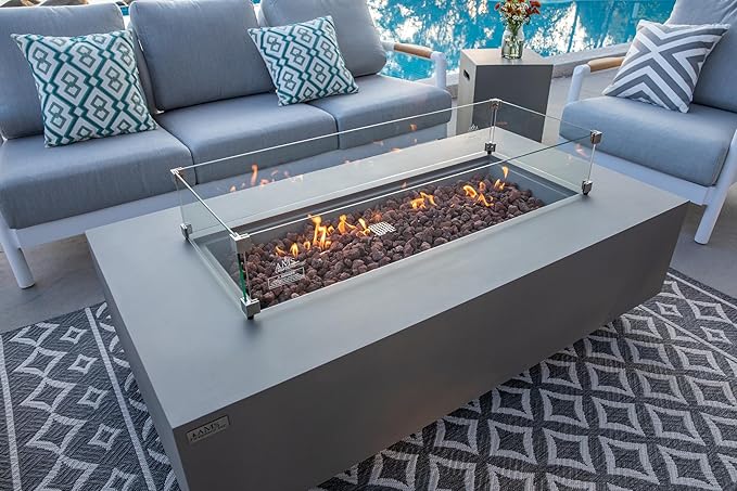AMS Creations | Madison 60" Bundle Rectangular Propane Gas Outdoor Fire Pit Table | Light Gray Concrete GFRC | Smooth Texture or Surface | Electronic Ignition | Outside Backyard Fireplace