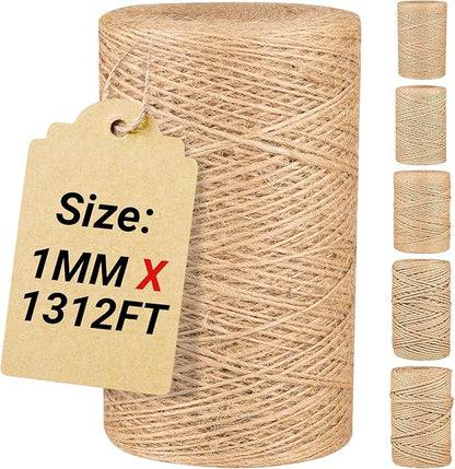 Natural Jute Twine String,Bulk Jute Rope Cord Twine for Crafting Gardening,Roll of Thick and Thin Twine for Gift Wrapping,Brown Decorative Rope,Ornament Twine for Cat Scratch Post (1mm x 1312ft)