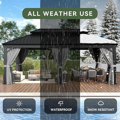 Aoxun Hardtop Gazebo 12x20 with Gutter, Upgraded Wider Aluminum Outdoor Gazebo with Galvanized Steel Double Roof, Patio Permanent Metal Pavilion with Netting and Privacy Curtain
