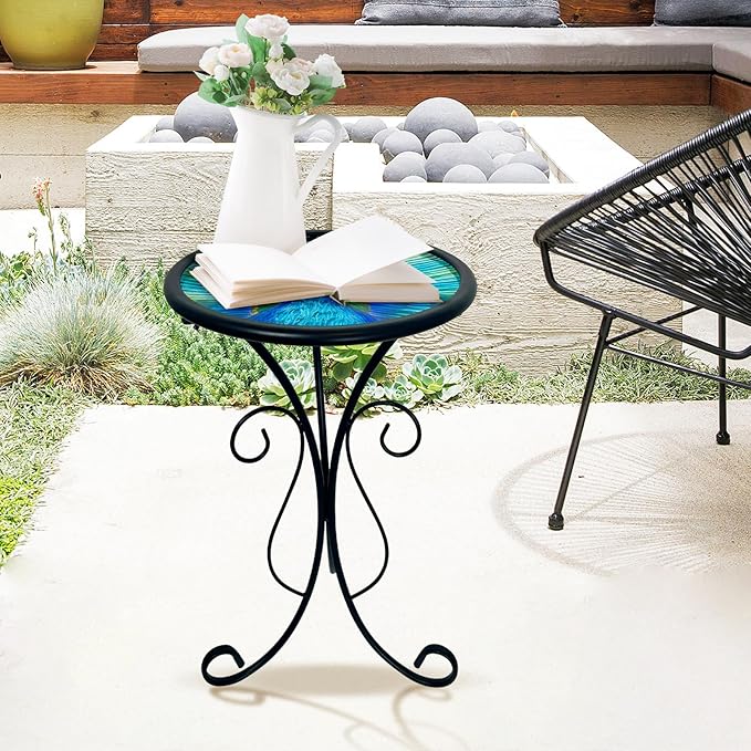 HONGLAND Outdoor Side Table, 12" Round Small Outdoor Glass End Table, Glass Plant Stand, Small Bistro Coffee Table for Garden Patio Porch Living Room （Peacock）