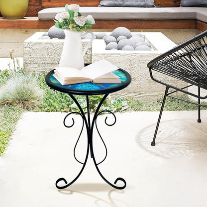 HONGLAND Outdoor Side Table, 12" Round Small Outdoor Glass End Table, Glass Plant Stand, Small Bistro Coffee Table for Garden Patio Porch Living Room （Peacock）