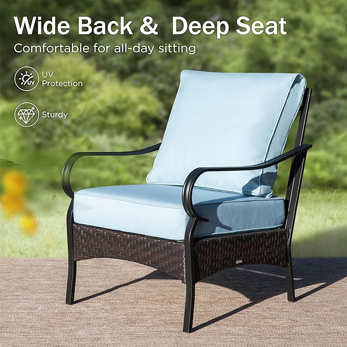 PHI VILLA Outdoor Modern Patio Furniture Set, Upgraded Wicker&Metal Patio Furniture Conversation Set with Waterproof Thick Cushions for Porch, Poolside, Deck, and Yard (5 Pieces,Blue)