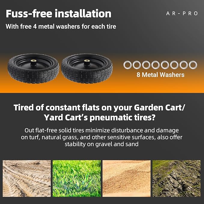 AR-PRO (2-Pack) 13" Flat Free Tire and Wheel - with 5/8" Axle Bore Hole, 2.17" Offset Hub - 13 lnch Solid Wheels Compatible with Garden wagon Cart,Hand Trucks,Utility Cart and Lawnmower Yard Trailers