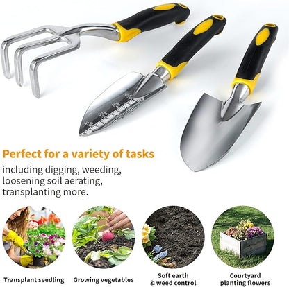 ⭐️ Gardenera 3PC Garden Tool Set with Soft Rubberized Non-Slip Handles - Hand Trowel, Transplant Trowel, Hand Rake in Polished Aluminum - Ideal for All Gardening Needs and The for Gardeners 🎁