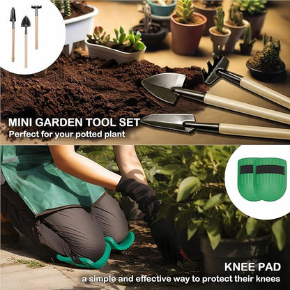 Bluemars Gardening Hand Tool Kit 14PCS Heavy Duty Stainless Steel Garden Tool Set with Floral Garden Tote -Outdoor Gardening Transplanting Gifts for Woman