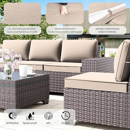 Outdoor Patio Furniture Set, 6 Pieces Outdoor Furniture All Weather Patio Sectional Sofa PE Wicker Modular Conversation Sets with Coffee Table,5 Chairs & Seat Clips Brown