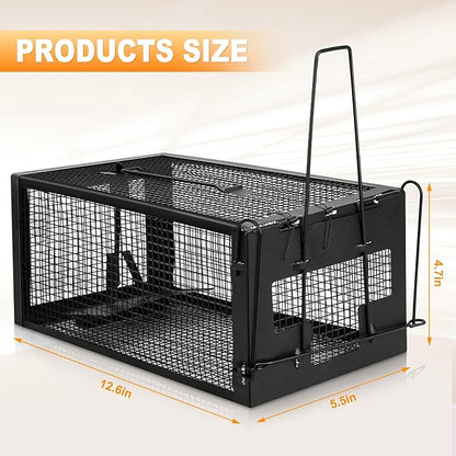 2 Pack Humane Rat Traps - Live Mouse Rat Cage Traps Catch and Release for Indoor Outdoor, Small Animals Traps, Easy to use(12.6''*5.5''*4.7'') Black