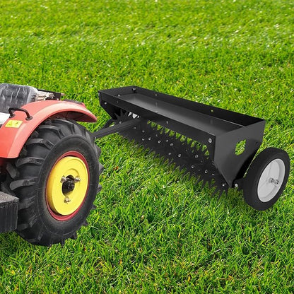 Tow Behind Aerator 40 Inch with Steel Teeth and Transport Wheels, Adjustable Handle Pull Behind Plug Aerator with Tray for Farm Lawn Garden, Durable Lawn Aeration Tool