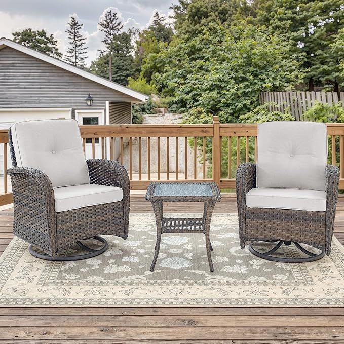 Outdoor Swivel Glider Rocker Chairs - 3 Piece Patio Furniture Set, Patio Bistro Sets with Tempered Glass Side Table, for Balcony, Porch - Brown Wicker, Beige Cushion