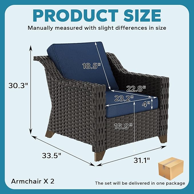 Patio 2 Pieces Chairs Set of 2 with Removable and Washable Covers，Outdoor PE Rattan Wicker Armchairs with Water-Resistant Cushions for Porch, Balcony, Sunroom (Navy Blue)