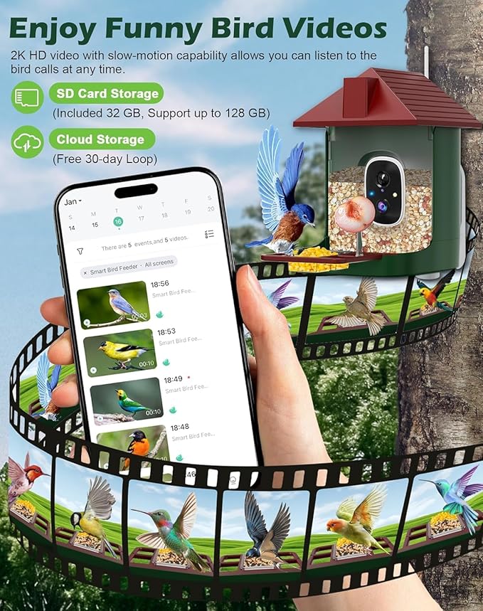 Smart Bird Feeder with Camera Solar Powered, 2.5K Live Video Bird House Camera, AI Identifies, Auto Capture & Notify, Motion Detection, Cloud Storage, Color Night Vision, Ideal Gift for Bird Watching