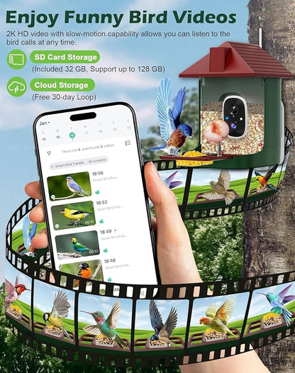 Smart Bird Feeder with Camera Solar Powered, 2.5K Live Video Bird House Camera, AI Identifies, Auto Capture & Notify, Motion Detection, Cloud Storage, Color Night Vision, Ideal Gift for Bird Watching