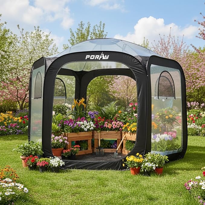Porayhut Pop Up Greenhouse Tent,Portable Large Walk-in Plant House 10’X10’ ,Indoor Outdoor Gardening Plant Sunshine Room with PVC Mesh Cloth Cover for Protecting Plant from Cold Frost & Birds