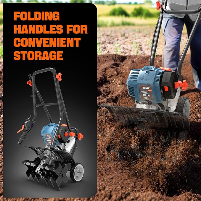 SENIX 4QL 4-Cycle Gas Powered Tiller Cultivator, 46cc Full Crank Engine, 15-Inch Tilling Width, 8-Inch Tilling Depth, Easy Start, Foldable Handles for Compact Storage (TL4QL-L1)