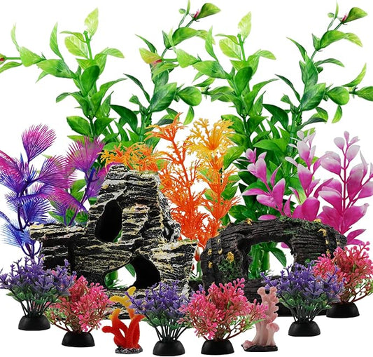 Fish Tank Decorations Plants with Resin Broken Barrel and Cave Rock View, 15pcs Aquarium Decorations Plants Plastic,Fish Tank Accessories, Fish Cave and Hideout Ornaments, Aquarium Decor