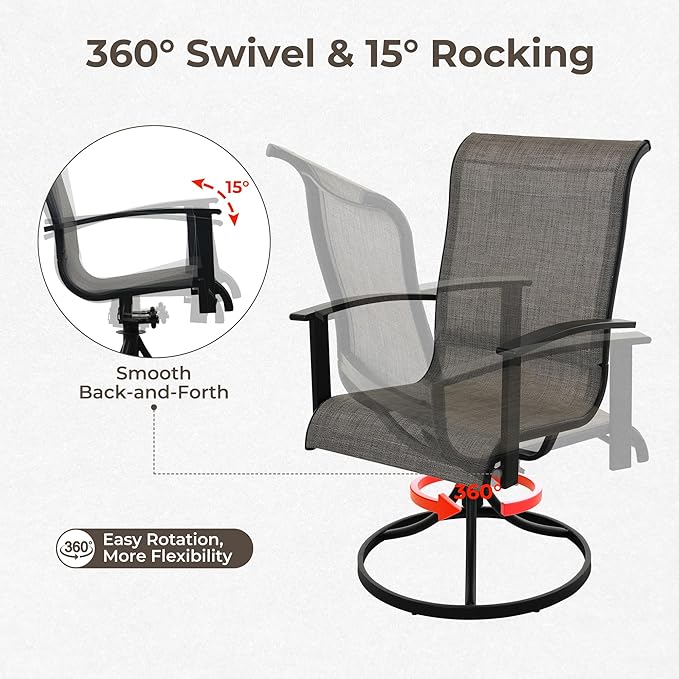 Grand Patio Outdoor Swivel Dining Chairs Set of 2, 360 Degree Mesh Sling Rocker Sets for Deck, Garden Backyard, Mixed Coffee