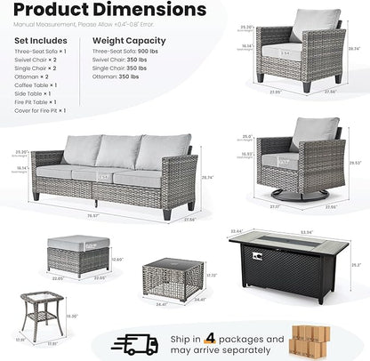 ovios 10 Pieces Patio Furniture Set with Swivel Chairs Rocking Gliders, 54" Fire Pit Table, Outdoor Sofa Couch with Solar Lights Table, Modern Deep Seat Wicker Rattan Conversation Set, Grey