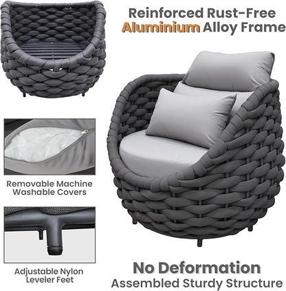 2 PCS Patio Rope Armchair: Aluminum Woven Accent Chair - Modern Garden Chair Assembled - All Weather 400lbs Outdoor Seating Porch Furniture Deck Balcony Hotel