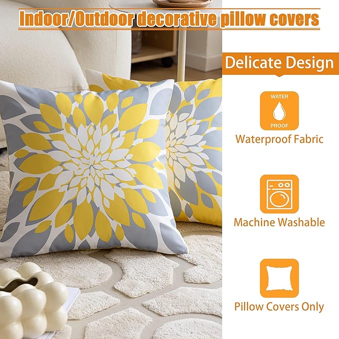 Qahing Pack of 4 Fall Outdoor Waterproof Pillow Covers 18x18 Decorative Outdoor Throw Pillows Garden Square Cushion Cases for Patio Furniture, Couch, Tent Sunbrella, Bench, Mustard Yellow Grey