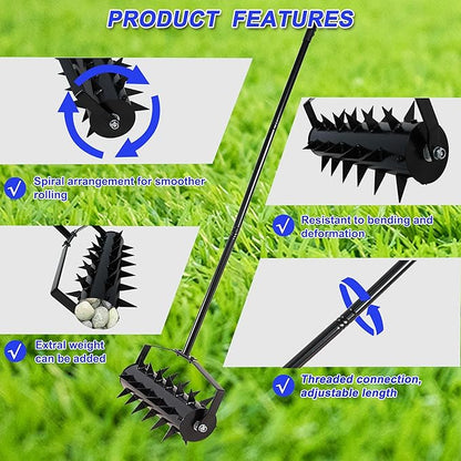Rolling Manual Lawn Aerator, 58-Inch Handle Manual Push Spike Aerator for Gardens, Yards, and Farmland, Deep Soil Penetration for Healthy Grass and Improved Lawn Growth Manual Aerator Tool Black