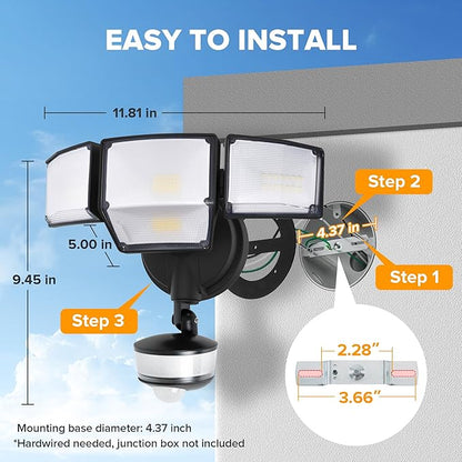 LUTEC 84W 9500LM LED Security Light Hardwire Motion Sensor Outdoor Lights with Night Light, 4 Head LED Flood Lights 5000K Daylight, IP65 Waterproof, Motion Detected Lights for Outside (Black)