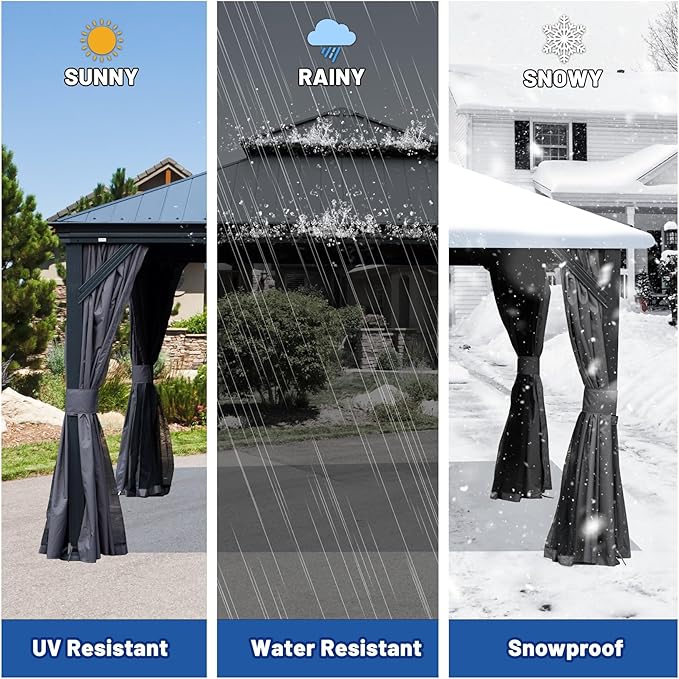 Outdoor Hardtop Gazebo for Patio 12x12FT with Resin-Galvanized Steel Roof, Metal Hard Top Gazebo with Gutters, Heavy Duty Gazebos All Season with Curtains & Netting, for Deck, Backyard, Hot Tub
