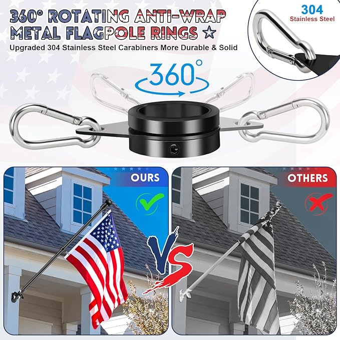 REERON Flag Pole Kit for House, 6 FT Stainless Steel Spinning Flag Pole, 1" Rustproof Porch Flagpole with 360° Metal Anti-wrap Flagpole Rings & 2-Position Bracket for Outdoor Home Sport for 3x5 Flags
