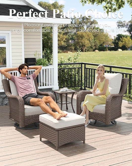 LayinSun 7 Piece Wicker Outdoor Furniture Set with 6-inch Comfy Cushions, High Back Patio Furniture Set with Swivel Rocking Chairs and Fire Pit Table
